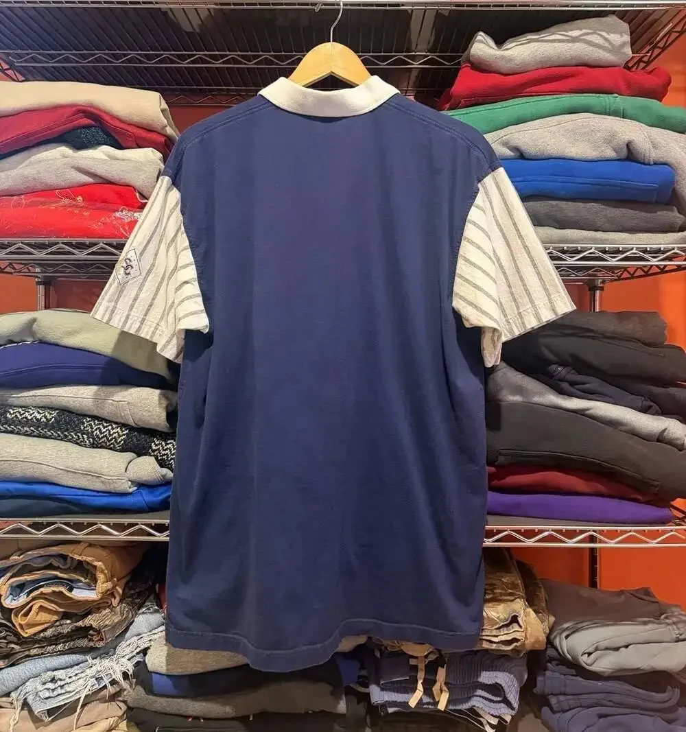 Vintage 90s Nike Supreme Court Striped Sleeve Tennis Polo Shirt Navy Blue Large